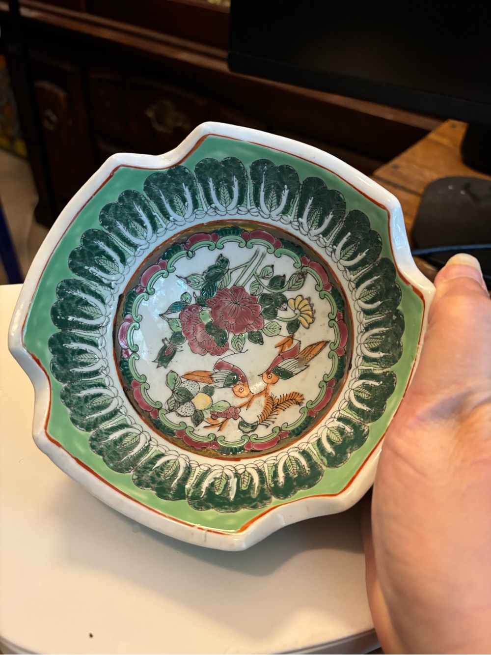 Vintage Chinese Bok Choy -Painted Floral & Bird Porcelain Serving Bowl - Picture 7 of 9